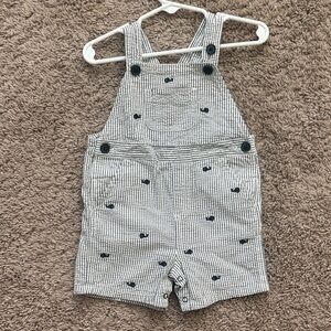 Smocked Striped Overalls with Whale Print